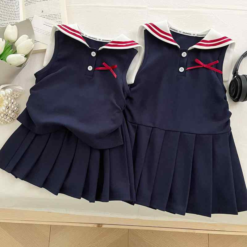 女児 スカートセット キッズ 夏用 学院風 韓流スタイル 無袖 薄手 コットン 綿素材...