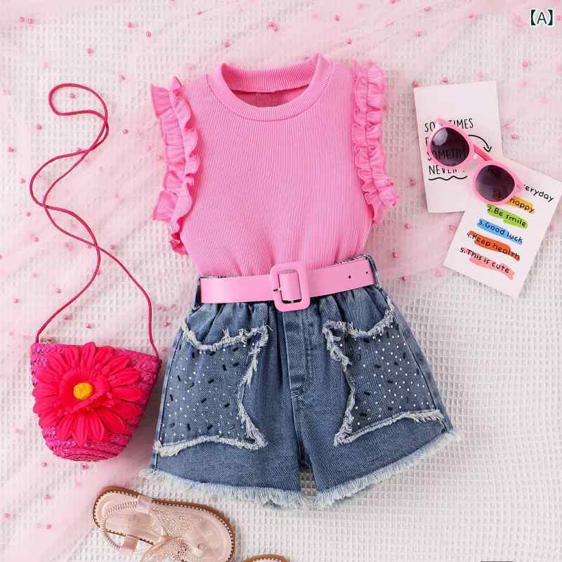 女児 セットアップ 春夏 無袖トップス 花辺 ピンク 綿素材 柔らかい 短パン 女の子 子供服 かわいい 無地 普通厚 セット 3〜8歳対応 100〜140cm 吸湿速乾 伸縮性 通気性 普段使い 軽量 ビッグシルエット トップス ボトムス 組み合わせ