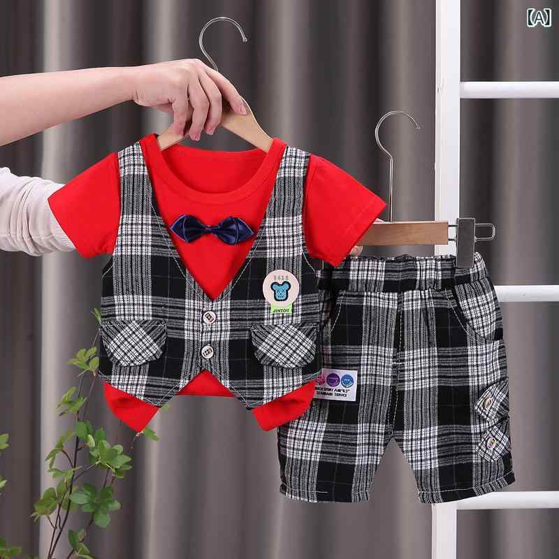 男児 夏服 子供 1-5歳 薄手 綿 短袖 短パン セット 英伦スタイル 格子柄 赤 紺 グレー カーキ 宝藍 黒 茶 ピンク ストライプ カラフル ポロ 熊柄 プリント 軽量 通気性 運動 普段使い かわいい ベビー 幼児 トップス ボトムス ビッグシ(x2)