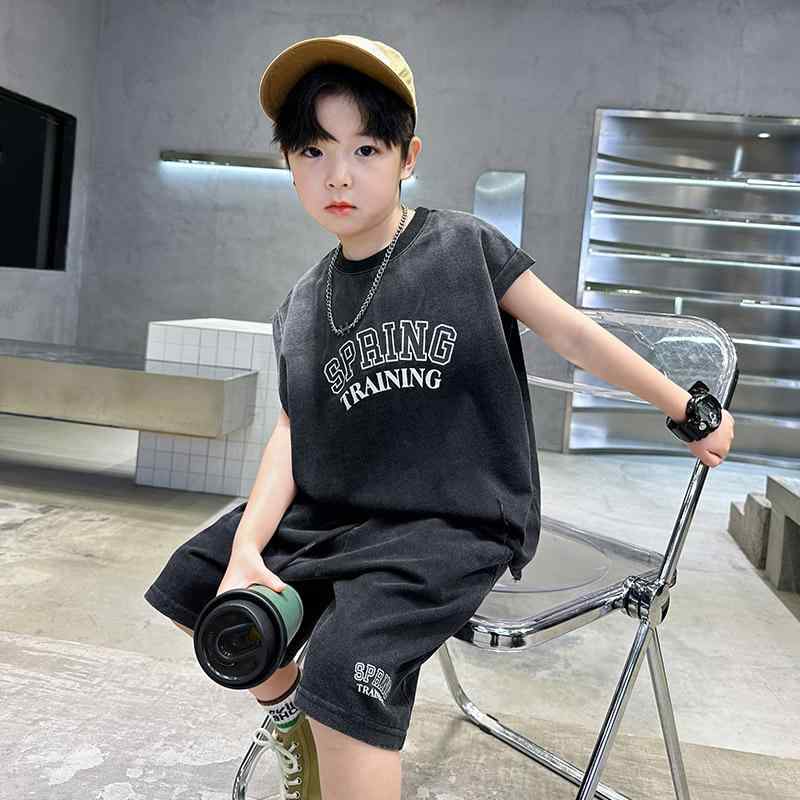 男児 無袖 セットアップ 夏服 韓風 子供服 キャミソール ショートパンツ 2点セット 夏季 綿素材 柔らかい 普通厚 アルファベット柄 黒 軽量 通気性 吸湿速乾 ビッグシルエット 普段使い カジュアル 110cm 120cm 130cm 140cm