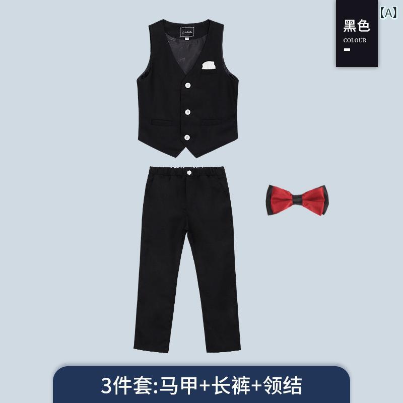 キッズ 男の子 礼服 秋冬 セット 長袖 長ズボン ウエストジャケット シャツ タイ 黒 白 ストライプ 柄 純色 ポリエステル 柔らかい 普通厚 英倫風 潮風 ステージ 演奏 パフォーマンス フォト 撮影 春夏 秋 普段使い フォーマル