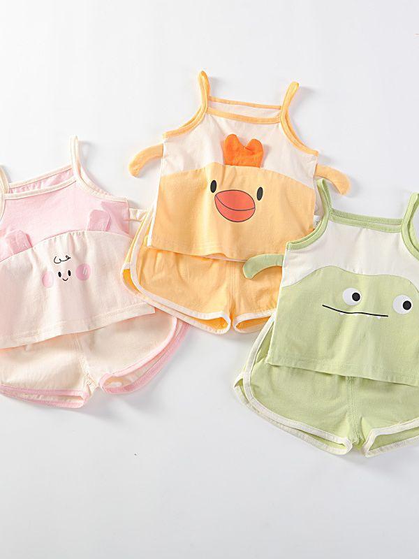 ベビー 男女兼用 夏用 吊り帯 セット かわいい 綿素材 柔らかい 薄手 無袖 短パン ホームウェア 2点セット 緑 黄色 ピンク 蛙 鴨子 兎子 カートゥーン柄 通気性 吸湿速乾 室内着 寝間着 赤ちゃん服 80cm以下 新生児対応