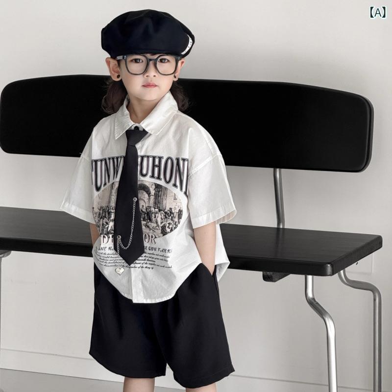 キッズ 男の子 シャツ セット 2025 夏 春夏 翻領 プリント 短袖 上衣 シャツ 男の...