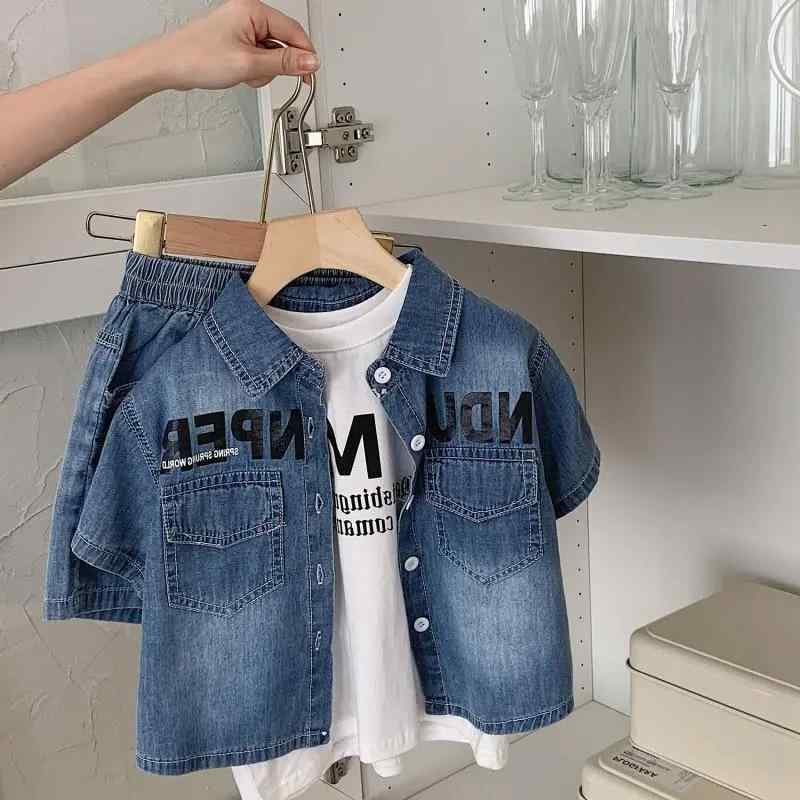 キッズ 男の子 春夏 短袖 セットアップ シャツ デニム ショーツ トップス 綿混 ポ...
