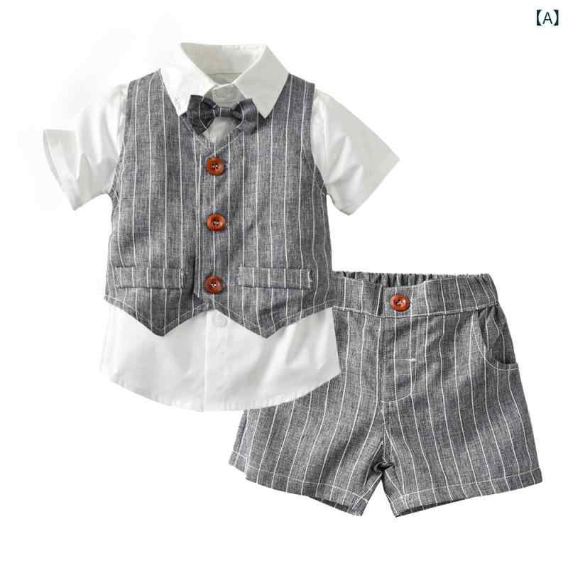 キッズ 男の子 夏 セットアップ 条紋 馬甲 短袖 シャツ 綿 素材 短パン 3点セット ...