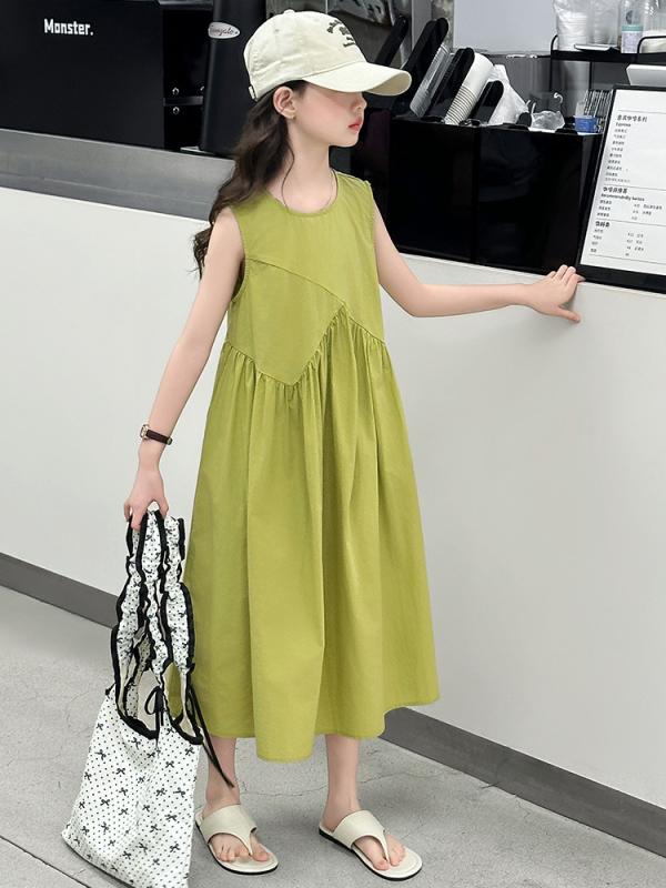 女児 ワンピース 夏 無袖 プリンセススカート 子供 女の子 中大童 接触冷感 綿混紡 ポリエステル 柔軟素材 純色 牛油果緑 背心 韓国風 トレンド 潮ファッション 軽量 通気性 かわいい 普段使い