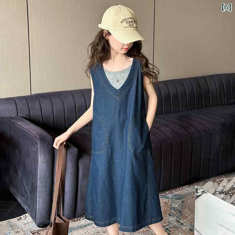 女児 ワンピース セット 女の子 子供服 夏用 牛仔 背心 スカート トップス 吊り帯 ...
