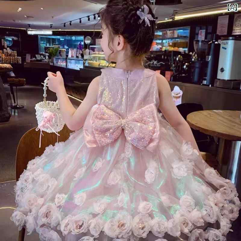 女児ドレス 女の子 子供用 ワンピース 吊り帯 プリンセススカート 夏服 春夏 ピン...