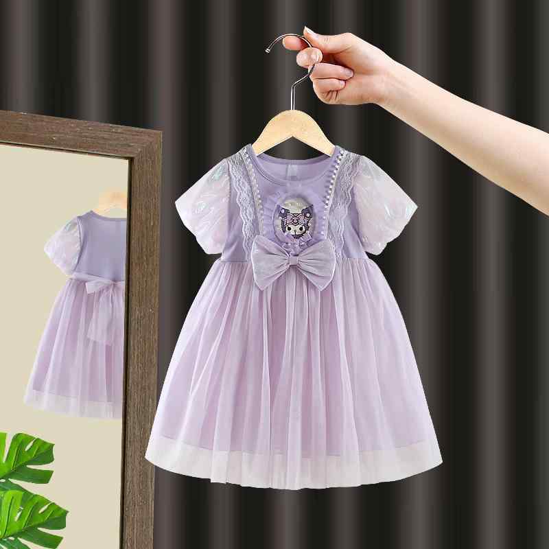 Jumpers - 女の子 ドレス 春夏 子供服 かわいい プリンセス スタイル コットン ワンピース 短袖 レース チュール スカート 百褶 ピンク 紫 ベビー キッズ 女児 夏服 軽やか 綿素材 3〜8歳 90〜140cm プリンセスドレス フラワーパターン