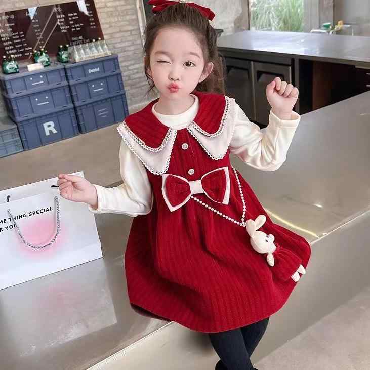 Jumpers - 女児 ワンピース 秋冬 長袖 プリンセス スカート 修身 デザイン 女の子 セット トップス ベアトップ ワンピースドレス 赤 ピンク ポリエステル 柔軟 素材 3-8歳 100-150cm かわいい 普段使い カジュアル スタイル 秋冬向け 軽量 伸縮