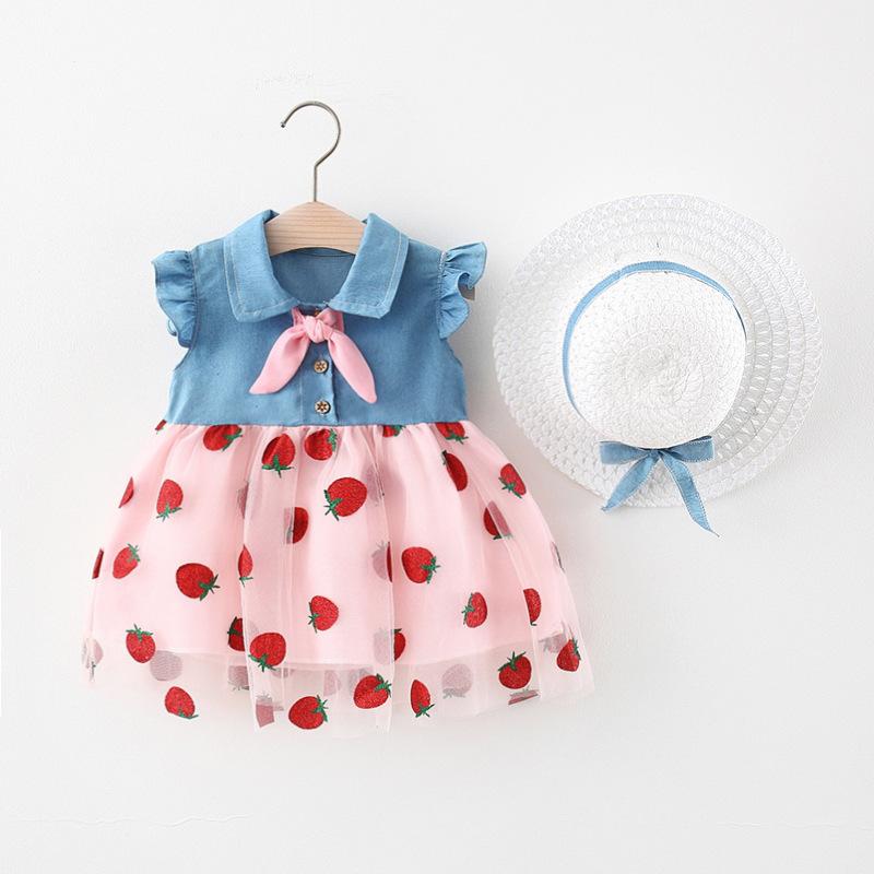 キッズ 女の子 ワンピース 夏 かわいい 無袖 フリルカラ ストロベリー刺繍 チュール切り替え デニム コットン混紡 ポリエステル Aライン スカート ピンク ホワイト 1-3歳 80-110cm 通気性 軽量 甘めスタイル