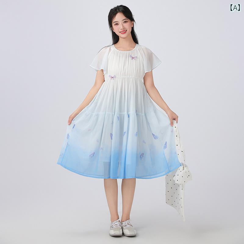 Jumpers - 女児ワンピース 女の子用 キッズドレス 中学生 夏用 薄手 短袖 学生服 プリンセススカート ゆったり 軽量 ポリエステル 接触冷感 浅青グラデーション かわいい 日常使い 学校着 ビッグシルエット 爽やか 吸湿速乾 通学 遊び着 軽快 涼しい 伸縮性