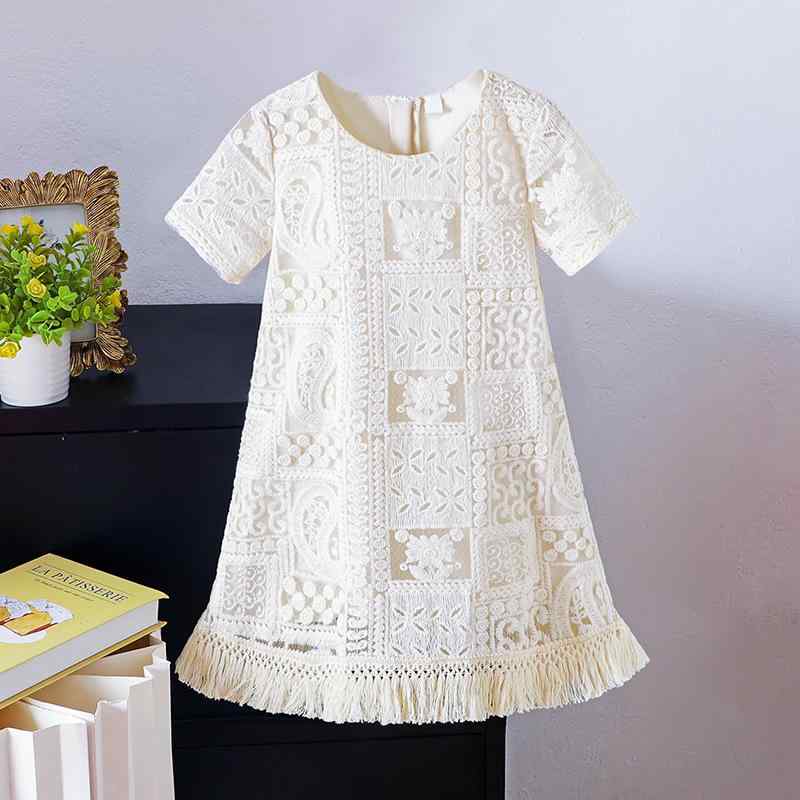 Jumpers - 女の子 ワンピース キッズ 女児 夏用 短袖 刺繍 レース プリンセス ドレス ゆったり Aライン スカート 切り抜き デザイン 柔らかい 素材 ポリエステル 混 杏色 気質 スタイル 3〜8歳 100〜140cm 通年
