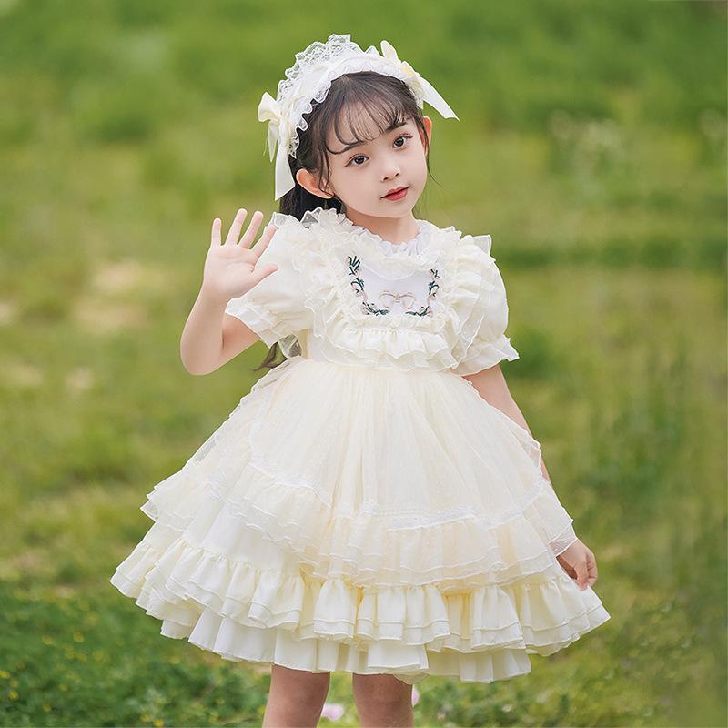Jumpers - 女児 ロリータドレス 女の子 ワンピース 子供 夏服 吊り帯 背心 短袖 コットン 100% レース 花柄 純色 花びら 花辺 柔らか素材 百褶スカート かわいい プリンセス スカート 礼服 風 8歳以上 140cm以上 接触冷感 軽量 通気性 吸湿速乾