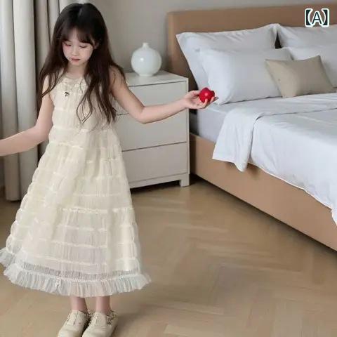 Jumpers - 女児 ワンピース 春夏 女の子用 ミドルキッズ 吊り帯 ロング丈 無袖 フレンチスタイル かわいい プリンセススカート ポリエステル 杏色 純色 軽量 通気性 夏 子供服 ガーリー 日常使い 背心スカート