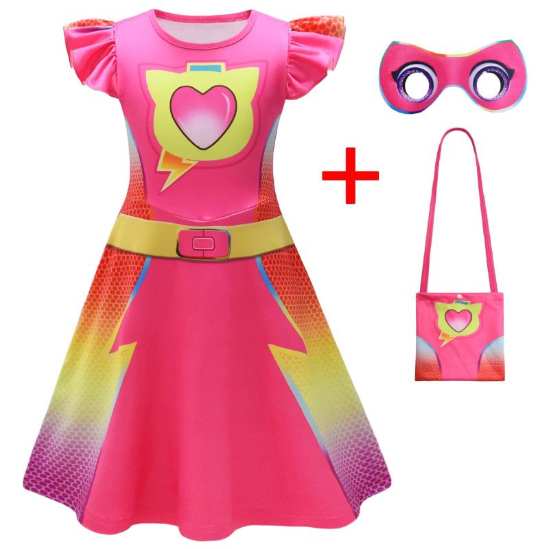 女児 コスプレ ドレス セット かわいい猫 抽象柄 プリント ワンピース フリル袖 短袖 荷葉縁スカート キッズ 女の子服 3～8歳 100～140cm 再生繊維 柔らかい肌触り ピンク系 春 セット バッグ 付き アイマスク 付き 通年 普段使い 軽量