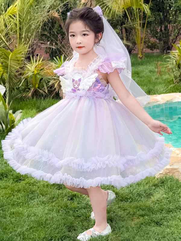 Jumpers - 女児 ワンピース 子供 女の子 春夏 夏用 プリンセス スカート ドレス 礼服 かわいい 短袖 綿混紡 ポリエステル 混紡 接触冷感 軽量 伸縮性 吸湿速乾 通気性 カラフル カートゥーン柄 ビビッドカラー プリンセス風 ふんわりスカート 膝丈 フレア