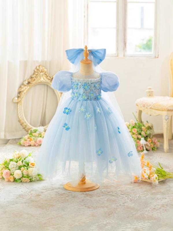 Jumpers - 女の子 プリンセスドレス アイスプリンセス風 女児用 夏用 かわいい 短袖 ワンピース コットン混紡 チュール素材 花柄プリント フレアスカート 魔法杖付き ヘッドドレス セット 3歳から8歳向け 通学 誕生日パーティー 日常遊び 軽量 通気性 伸縮性