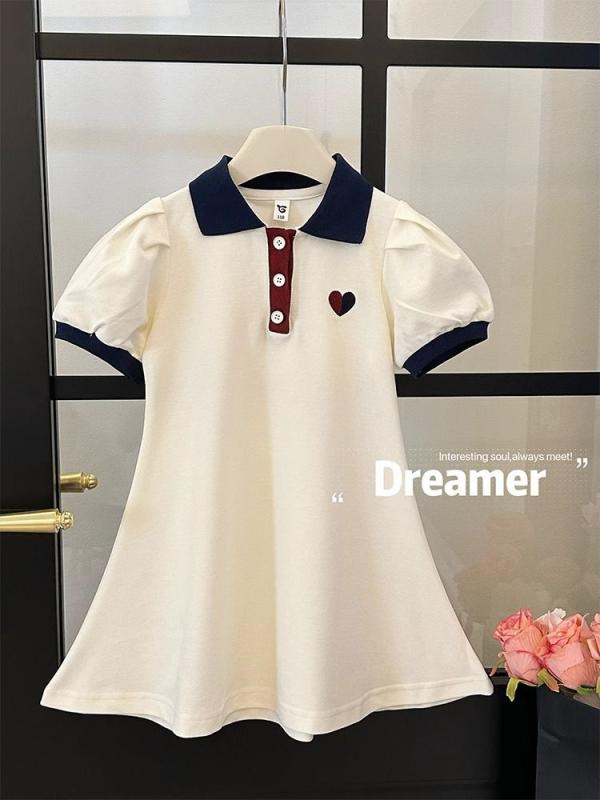 女児 ワンピース プリンセス風 夏用 ポロシャツ デザイン 学院風 トップス スカート 組み合わせ A字型 純色 柔らか素材 ポリエステル 100% 杏色 潮范 スタイル 女の子 向け 軽やか 着こなし 120cm から 170cm 対応