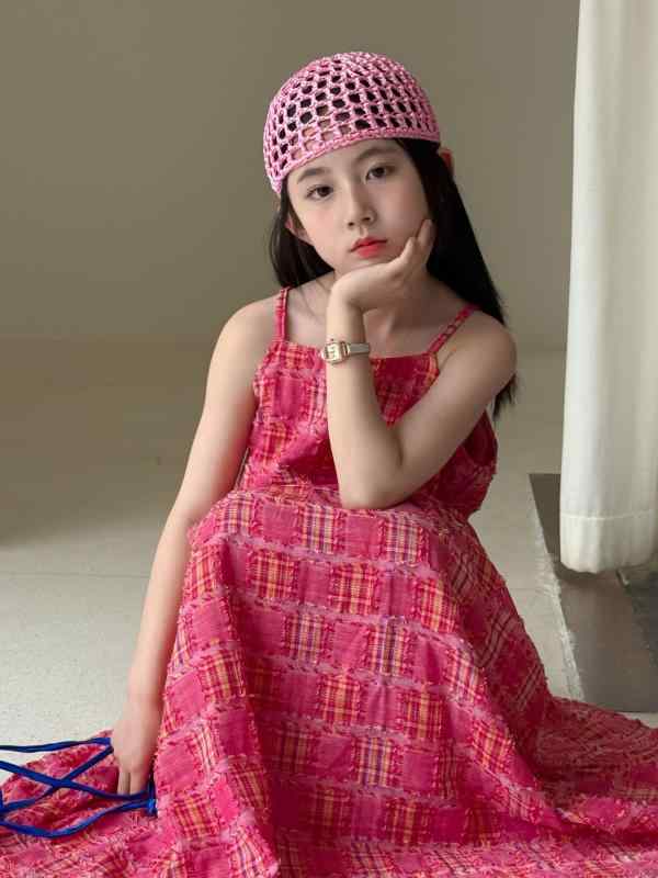 Jumpers - 女児 吊り帯ワンピース 女の子用 綿素材 格子柄 無袖 A字スカート かわいい デザイン ピンク系 夏用 軽量 伸縮性 吸湿速乾 通気性 普段使い 3〜8歳 90〜150cm