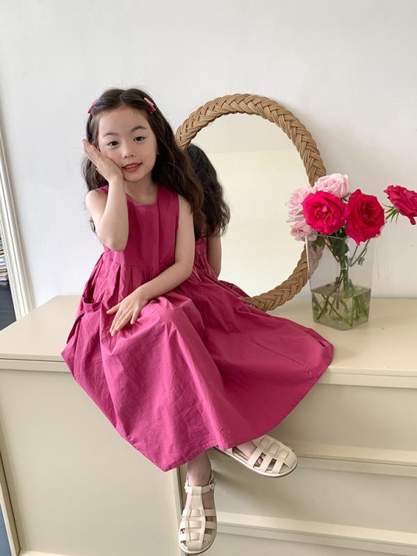 Jumpers - 女児 ワンピース 夏 春夏 綿 接触冷感 無袖 Aライン スカート プリンセス ドレス 女の子 子供服 かわいい ピュアカラー 潮風 柔らかい 素材 酒赤 ベージュ 中長丈 大きめ フレア スカート 日常使い 通学 軽量 伸縮性 吸湿速乾 100-140