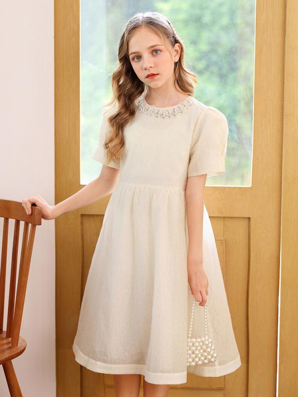 Jumpers - 女児 ワンピース 夏用 かわいい プリンセスドレス 女の子 子供服 中大童 Aライン スカート 珍珠 ネックライン 麻混紡 ナイロン80% ポリエステル裏地 皺加工 軽量 通気性 吸湿性 ピクチャーカラー 120-170cm対応