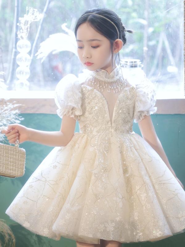 女児 ワンピース 子供 ドレス 夏用 礼服 プリンセス スカート 演出服 花嫁童 ガールズ 純色 花柄 綿混 ポリエステル 柔らかい 接触冷感 吸湿速乾 短袖 Aライン かわいい 香槟カラー ビーズ アクセサリー セット 軽量 伸縮性 通気性 夏服 春夏