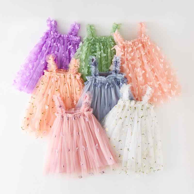 Jumpers - 女児 プリンセスドレス 女の子 夏 子供服 ワンピース 吊り帯 ネット生地 かわいい 甘め 清新 スタイル 涼しい 柔らかい 加工 ポリエステル 混紡 綿 裏地 ピンク 紫 緑 アイボリー フラワー パターン 立体 バタフライ プリント 3D プリント