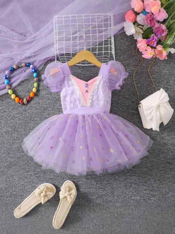 Jumpers - 女児 ワンピース キッズ 女の子 吊り帯 プリンセススカート 泡泡袖 チュール フレア スカート 舞台 バレエ ダンス 衣装 かわいい 動物 柄 ストライプ チェック 無地 カード 花柄 ドット ヒョウ柄 紫ロラン ポリエステル 柔らかい 素材 3〜8歳