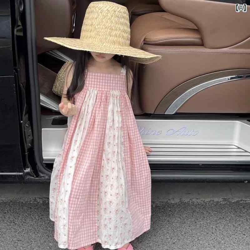 シャドーテールの女児 ワンピース 女の子 子供服 韓国風 夏 春夏 ピンク チェック フラワー プリント 切り替え 吊り帯 背心 スカート コットン 混紡 柔らかい 素材 軽量 通気性 吸湿速乾 かわいい デザイン ビーチ リゾート 普段使い 3〜8歳 中小童 100〜｜アングル2