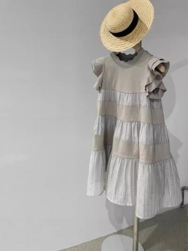 Jumpers - 女児 ワンピース かわいい 切り替え デザイン 短袖 フリル 袖 プリンセス スカート ミドル 丈 夏 服 コットン 混紡 柔らか 素材 接触冷感 吸湿速乾 軽量 通気性 良い 日常 遊び着 110cm 120cm 130cm 140cm 150cm 1