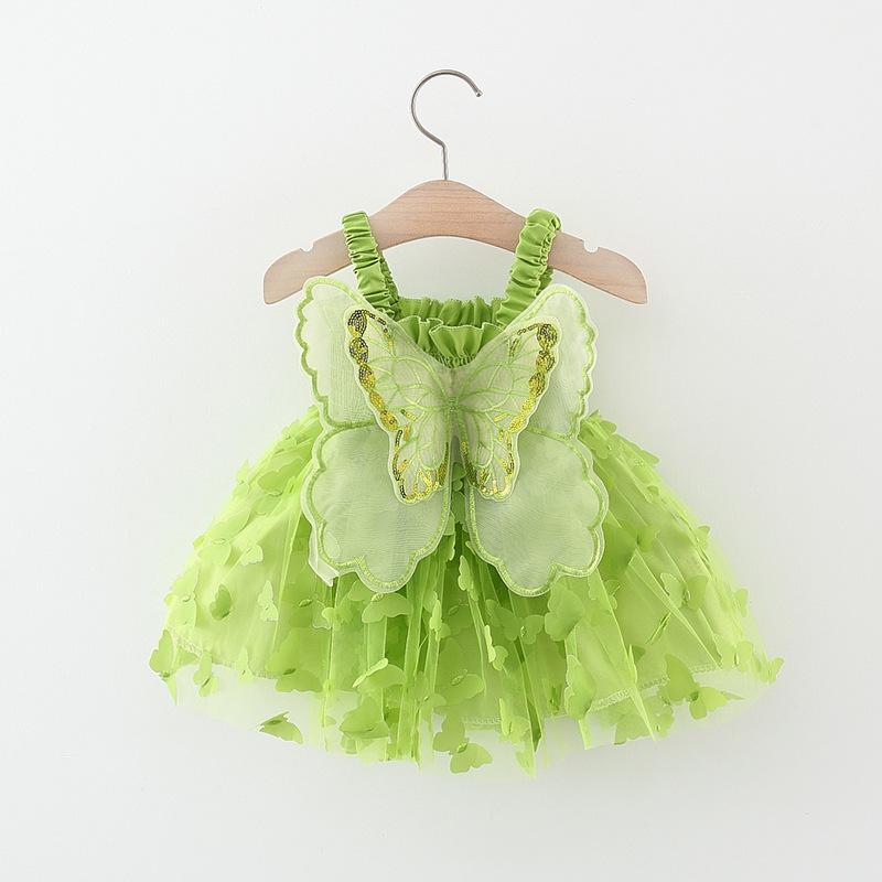 Jumpers - 女児 ドレス プリンセス 吊り帯 コットン ワンピース 夏 かわいい 蝶柄 花柄 緑 ピンク 軽量 吸湿速乾 1-3歳 80-110cm 普段使い 通学 女の子 子供服 トップス スカート ビッグシルエット 接触冷感 酵素洗い