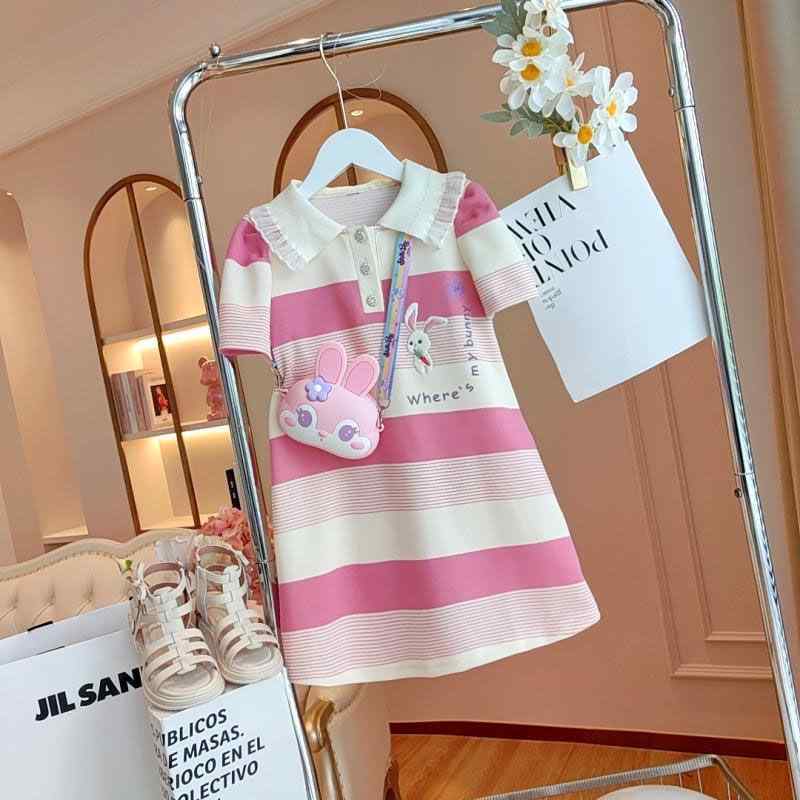 Jumpers - 女の子 ワンピース 春夏 かわいい 短袖 Aライン プリンセス スタイル 女児 ストリップ 柄 ポロ 風 ピンク 紫 カラーバリエーション ポリエステル 素材 涼しい 夏服 子供 洋服 8歳以上 中大児 向け 日常使い カジュアル 遊び着 通気性 軽量