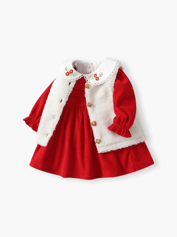 女児 ドレス 秋冬 キッズ 女の子 ワンピース かわいい ロリータ プリンセス スカート 礼服 長袖 Aライン コットン 100% 赤 柔らかい 生地 純色 プリンセス スタイル 1-3歳 80-100cm 春秋冬 対応 インファント 幼児 用