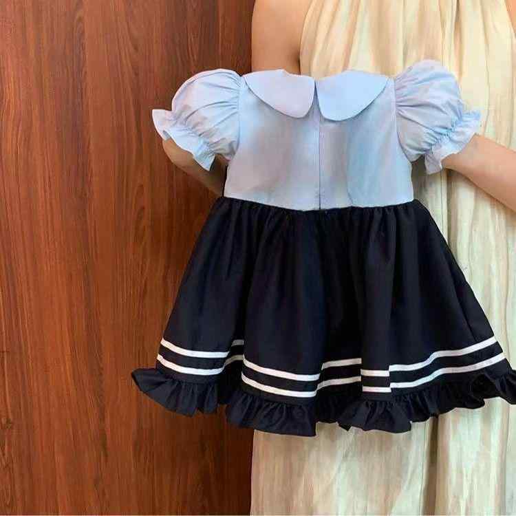 女児 ロリータドレス 女の子用 子供 かわいい 学院風 連衣裙 プリンセススカート 短袖 綿混紡 柔軟素材 接触冷感 秋冬 夏 ブルー カラフル カートゥーン柄 ミックスカラー 軽量 通学用 普段使い 伸縮性 吸湿速乾 ビッグシルエット ハイウエスト ア