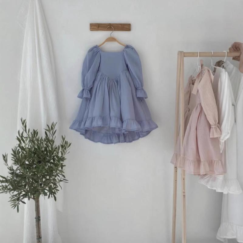 Jumpers - 女児 連衣裙 女の子用 春夏 JK風 ロリータ風 宮廷風 かわいい A字スカート 綿麻素材 柔軟 接触冷感 純色 ブルー 軽量 通気性 3〜8歳向け 中小童 普段使い かわいいスタイル
