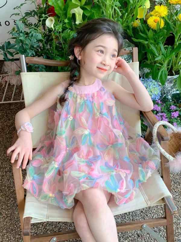 女児 ワンピース 夏 かわいい プリンセス スカート チュール ガーリー ポンパドール 甘め スタイル ポリエステル 軽量 通気性 女の子 キッズ 3-8歳 夏服 カラフル 花柄 フレア スカート かわいい ガールズ ドレス 夏用 子供服