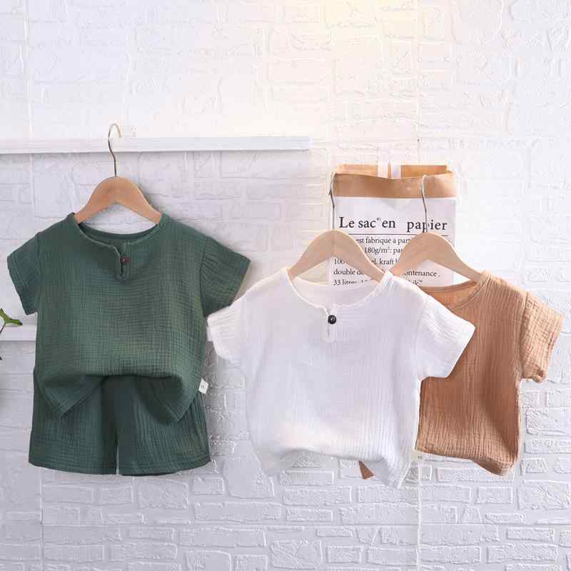 キッズ 男の子 夏 服 セット 短袖 Tシャツ 短パン 薄手 綿 麻 混紡 柔軟 素材 シンプル デザイン 純色 無地 白色 緑 カーキ 黄色 ライトブルー ベージュ 80cm 90cm 100cm 110cm 120cm 通年 普段使い 軽量 通気性