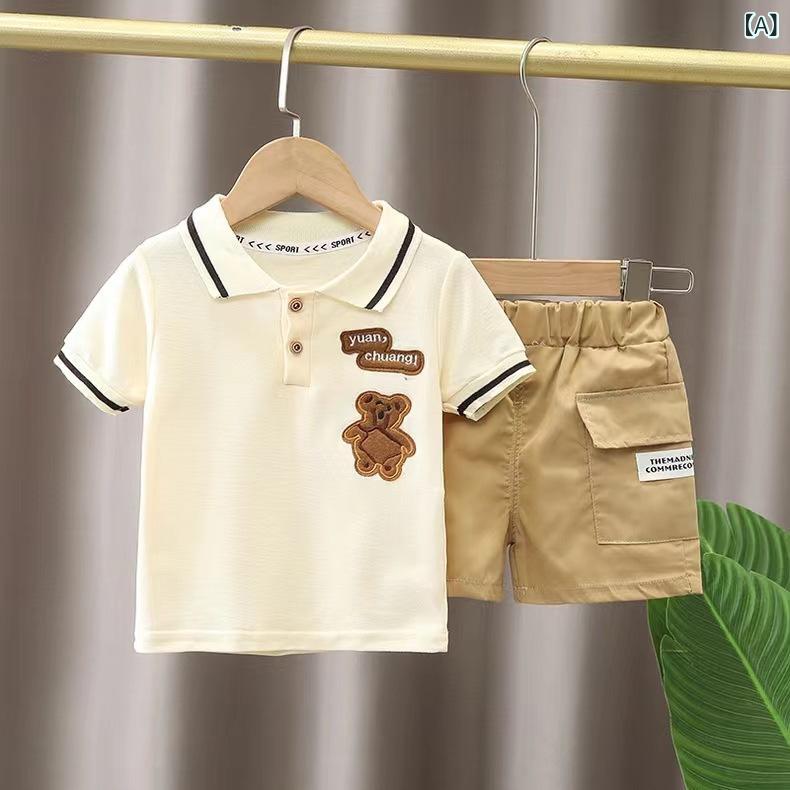 Top & Bottom Sets - キッズ 男の子 夏服 セット 綿 短袖 薄手 柔らかい 接触冷感 かわいい カード 柄 トップス ショーツ 普段使い 軽量 吸湿速乾 春夏 ベビー 幼児 通年 80cm 90cm 100cm 110cm 120cm 2点セット 韓国風 カジュアル
