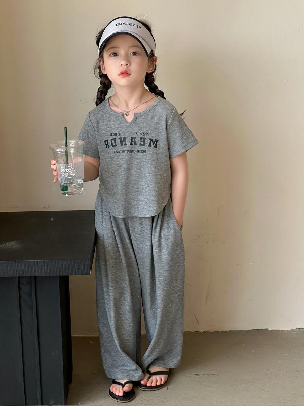 女の子 子供服 セット 夏用 かわいい 短袖 Tシャツ トップス 綿素材 柔らかい 接触冷感 吸湿速乾 涼しい アルファベット柄 韓国風 カジュアル 普段使い 部屋着 遊び着 長め ゆったり ワイドパンツ クロップドパンツ 伸縮性 軽量 通気性 3～8歳