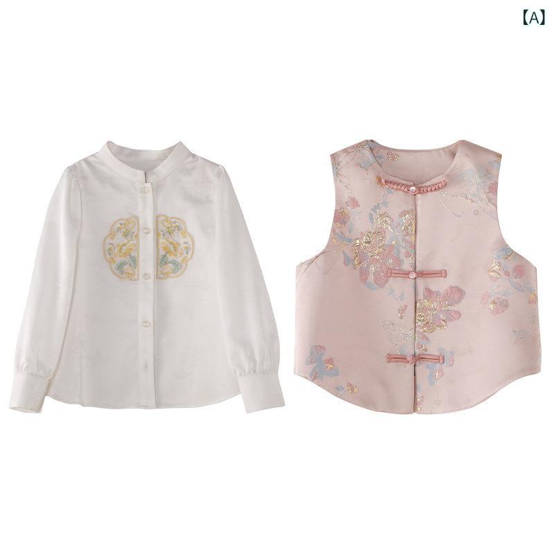 女児 春季 長袖 チャイナドレス 風 トップス 刺繍 デザイン 馬甲 セット 綿混紡 ポリエステル 混紡 かわいい ピンク 普段使い 軽量 伸縮性 子ども服 3〜8歳 100〜140cm