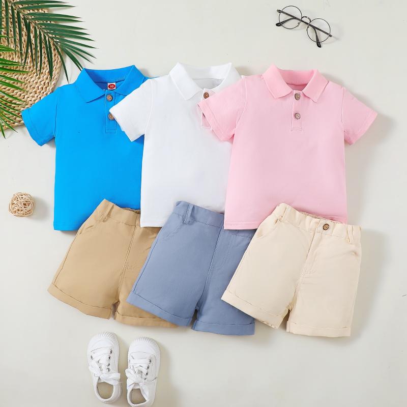 Top & Bottom Sets - キッズ 女の子 夏 短袖 ポロシャツ トップス 綿 素材 吸湿速乾 切り替え デザイン ダブルポケット セット 短パン ブルー ホワイト ピンク 3〜8歳 90〜130cm 通学 普段使い 軽量 伸縮性 安全 B級 普通厚 無地 セットアップ プルオーバ