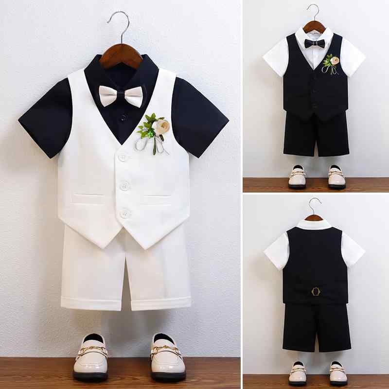 子供服 男の子 夏用 礼服 西装 セット 英伦スタイル 3点セット マーベスト 短袖シャツ 短パン 柔らかい化繊混紡 ポリエステル素材 純色デザイン 単排ボタン 無帽 普通厚み 3〜8歳 100〜140cm 卒業 撮影 フォーマル 普段使い かわいい ト