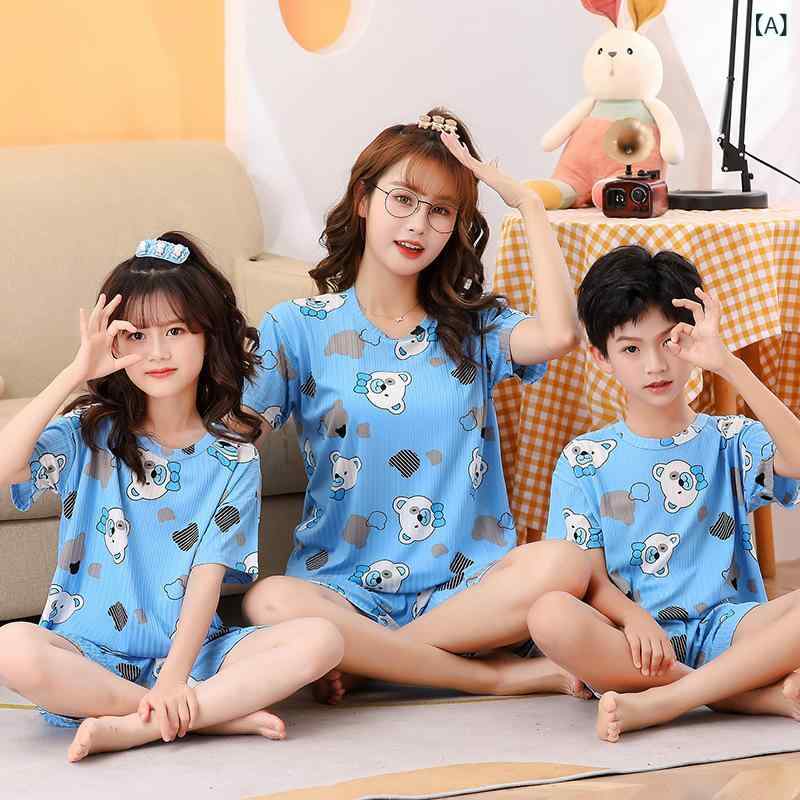 キッズ 親子 夏 短袖 Tシャツ セット ルームウェア 男女兼用 母子 母娘 居家服 韓国風 薄手 混紡 ポリエステル 動物柄 花柄 動物プリント かわいい セットアップ 5分丈パンツ ゆったり 綿混 吸湿速乾 親子コーデ 夏用 部屋着 寝間着 子供服