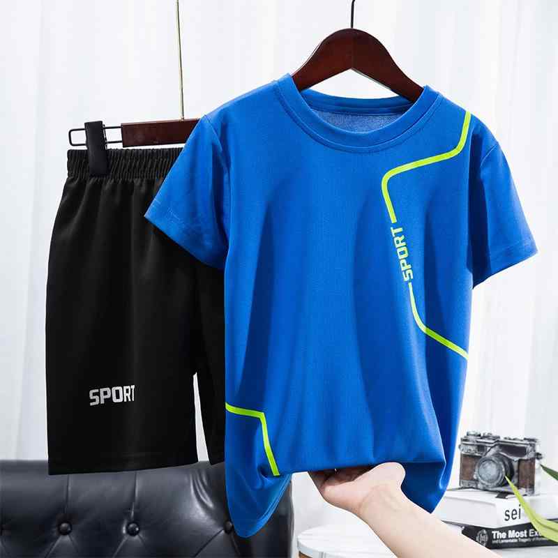 男の子 スポーツウェア 夏用 速乾 短袖 Tシャツ 短パン セット 中大童 薄手 吸湿速乾 防紫外線 柔軟 ポリエステル 針織 生地 純色 字母 プリント 抽象柄 カラーバリエーション 彩藍 白色 深藍 蛍光緑 中国紅 草緑 橙色 120cm 130cm