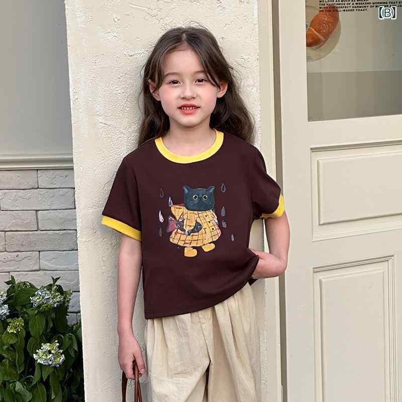 女児 Tシャツ 女の子 トップス 夏 春夏 短袖 丸首 コットン 綿素材 柔軟 かわいい 卡通柄 親子 プリンセス トレンド 糖果 切り替え アイボリー ピンク系 ブラウン ネイビー 子供服 普段使い 通学 伸縮性 吸湿速乾 軽量 2