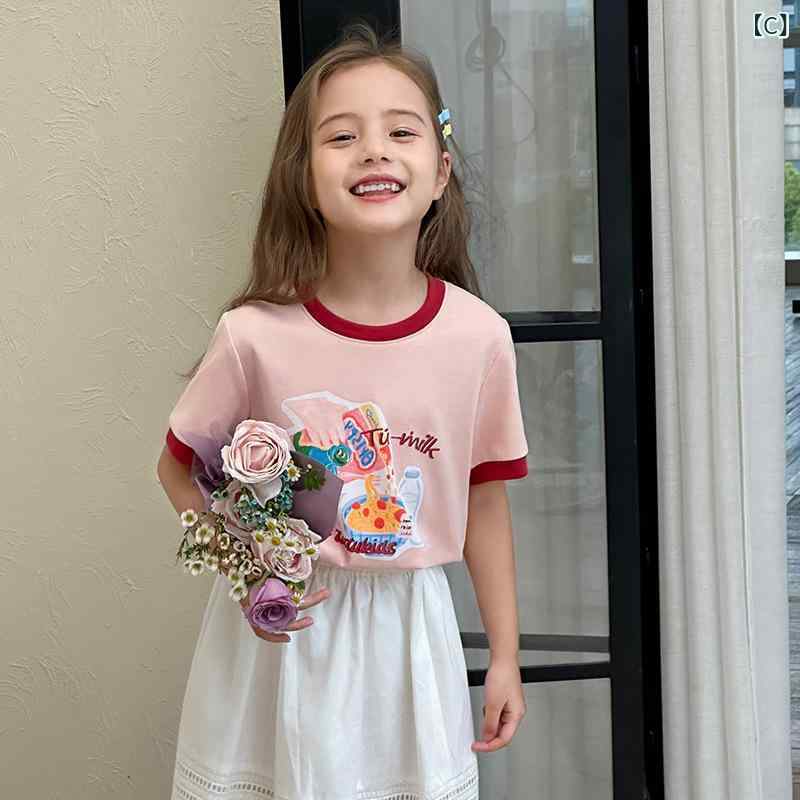 女児 Tシャツ 女の子 トップス 夏 春夏 短袖 丸首 コットン 綿素材 柔軟 かわいい 卡通柄 親子 プリンセス トレンド 糖果 切り替え アイボリー ピンク系 ブラウン ネイビー 子供服 普段使い 通学 伸縮性 吸湿速乾 軽量 3