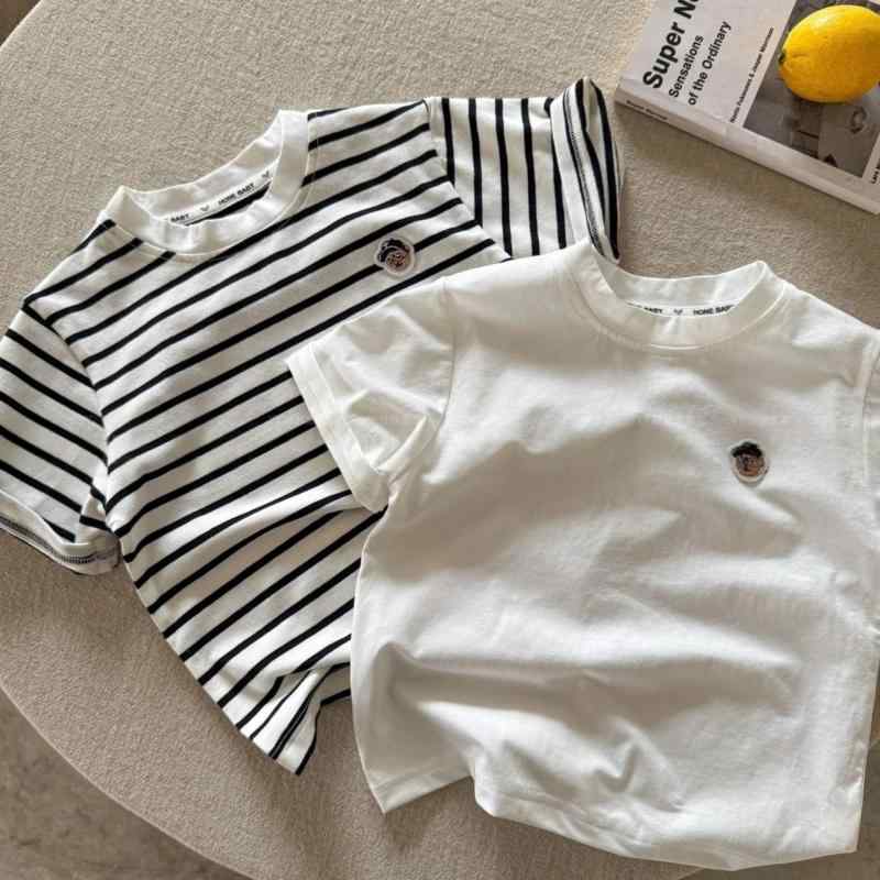 男の子 短袖 Tシャツ トップス 綿100% 吸湿排汗 柔らかい素材 丸首 無帽 カジュアル 韓国風 条紋 グレー ネイビー ベージュ かわいい クマ柄 夏 春夏 1-8歳 子供服 男児 上着 日常使い 軽量 通気性 ユニセックス ベビー 幼児 インファ