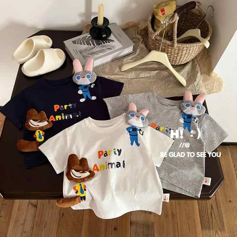 キッズ トップス 親子コーデ 男の子 女の子 ユニセックス 短袖 Tシャツ 綿 95% 接触冷感 抗菌 柔らかい 丸首 立体 うさぎ 警官 プリント 夏 かわいい カジュアル 日常使い 室内着