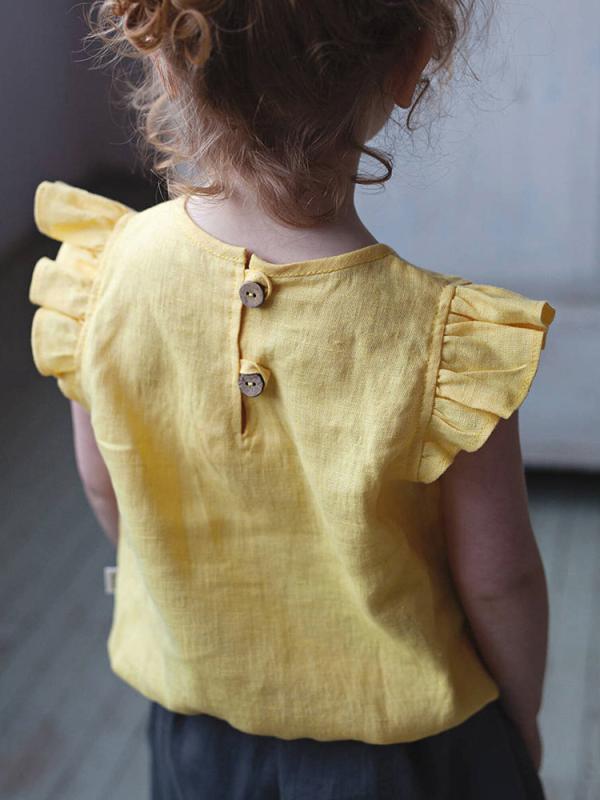女児トップス 女の子 かわいい 黄色 綿麻 短袖 丸首 Tシャツ 吸湿速乾 柔軟素材 春夏 子供服 普段使い 90-140cm